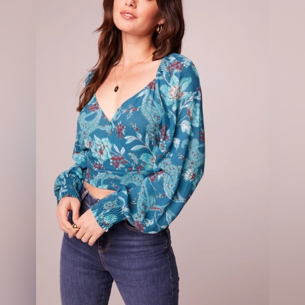 BOG Band of the Free SYBILLE Teal Floral Crossover Crop Top Womens Sz Large NWT